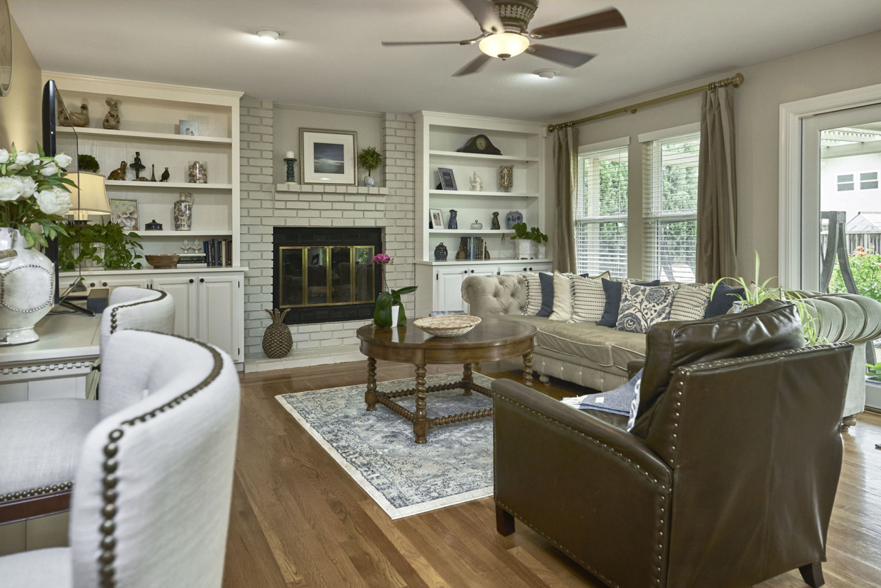 7217 Silver Lode Lane, family room with fireplace and shelving